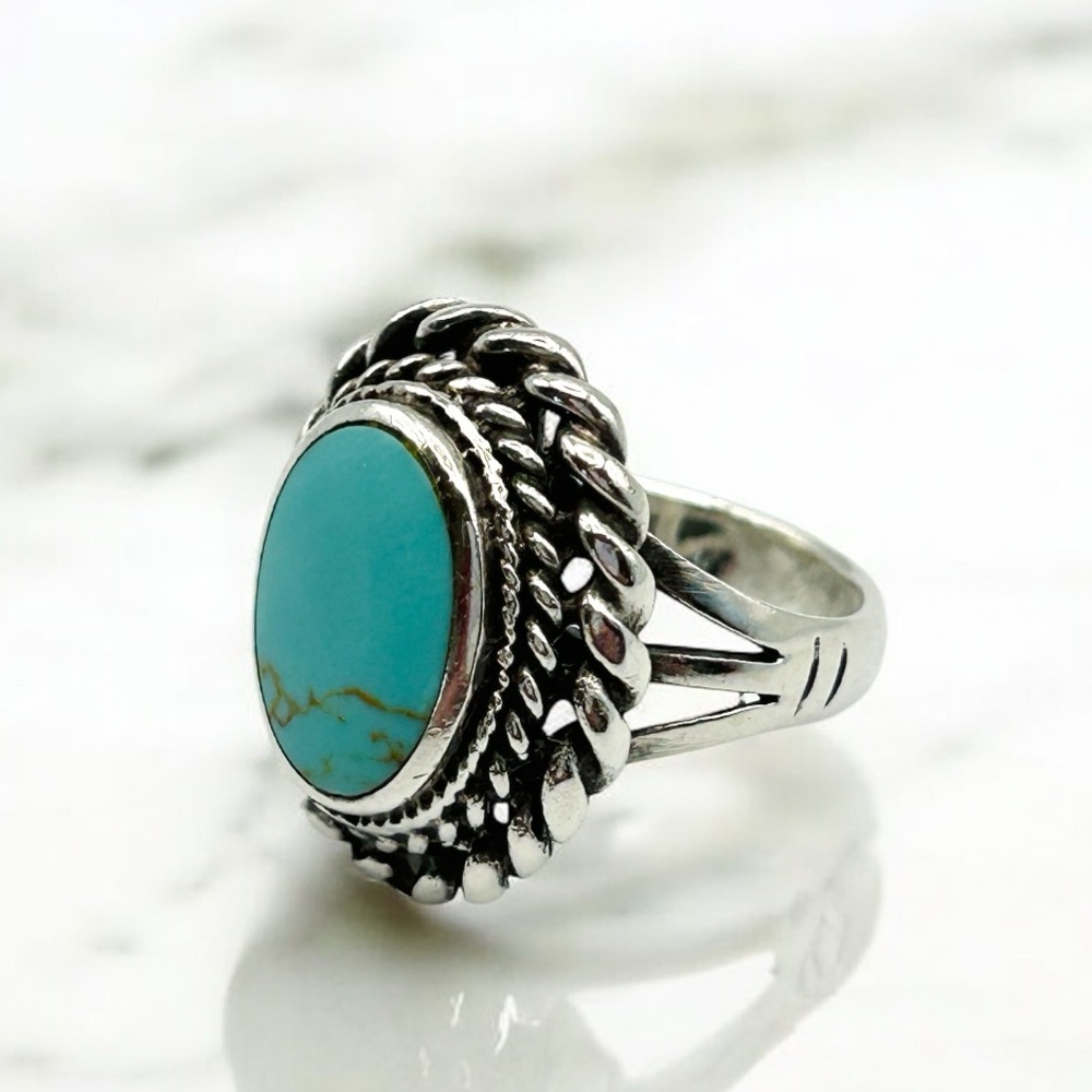 Women’s Navajo Style Vintage 925 Sterling Silver Turquoise Cable Set Ring Size 5